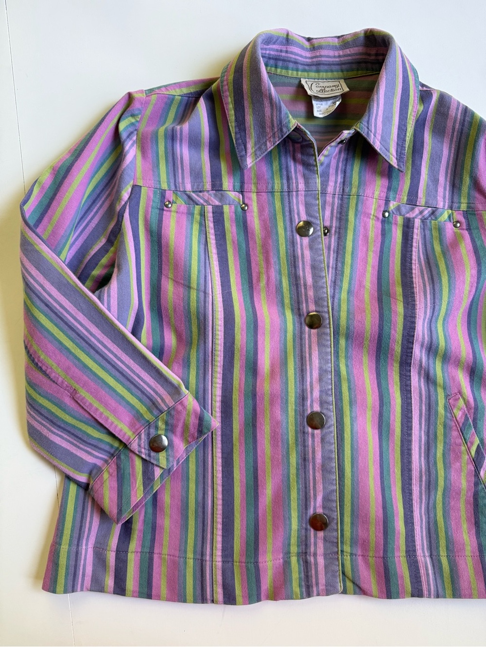 Vintage 80s/90s colorful stripe snap up utility jacket boxy art teacher